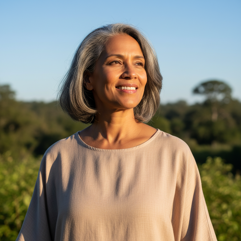 A joyful and peaceful person bathed in sunlight, symbolizing spiritual vitality and new life.