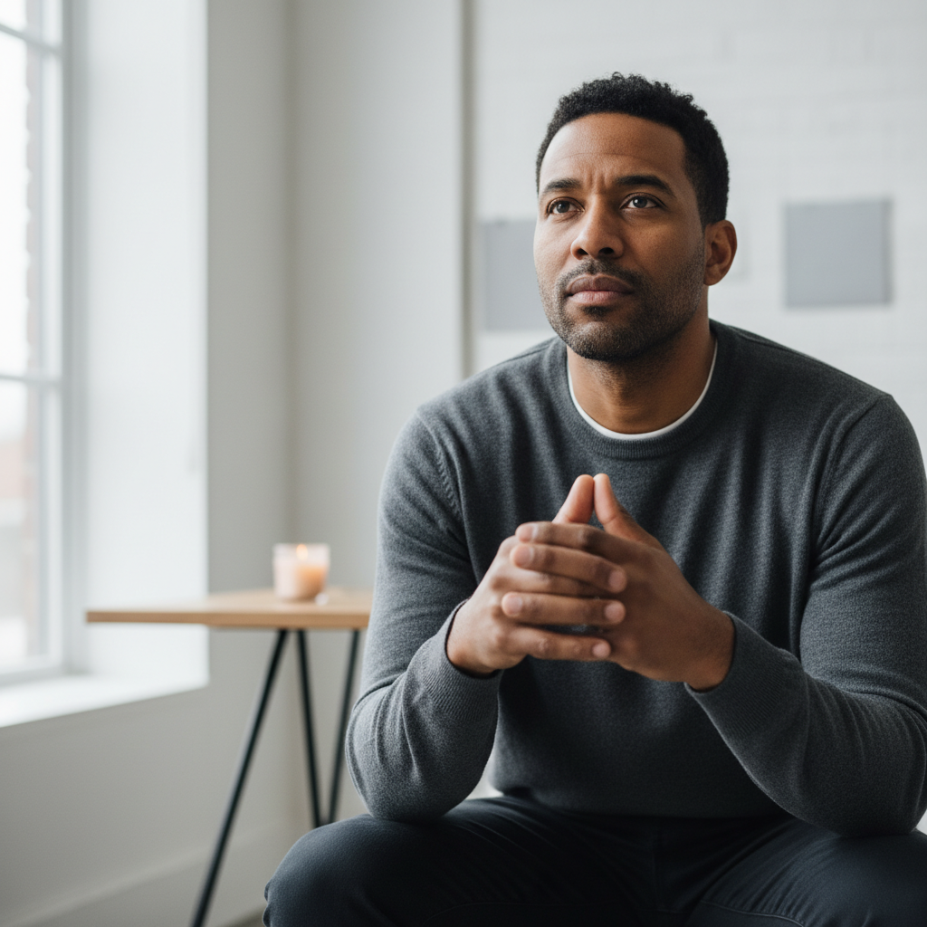 A man in deep contemplation, expressing spiritual resolve and inner strength.
