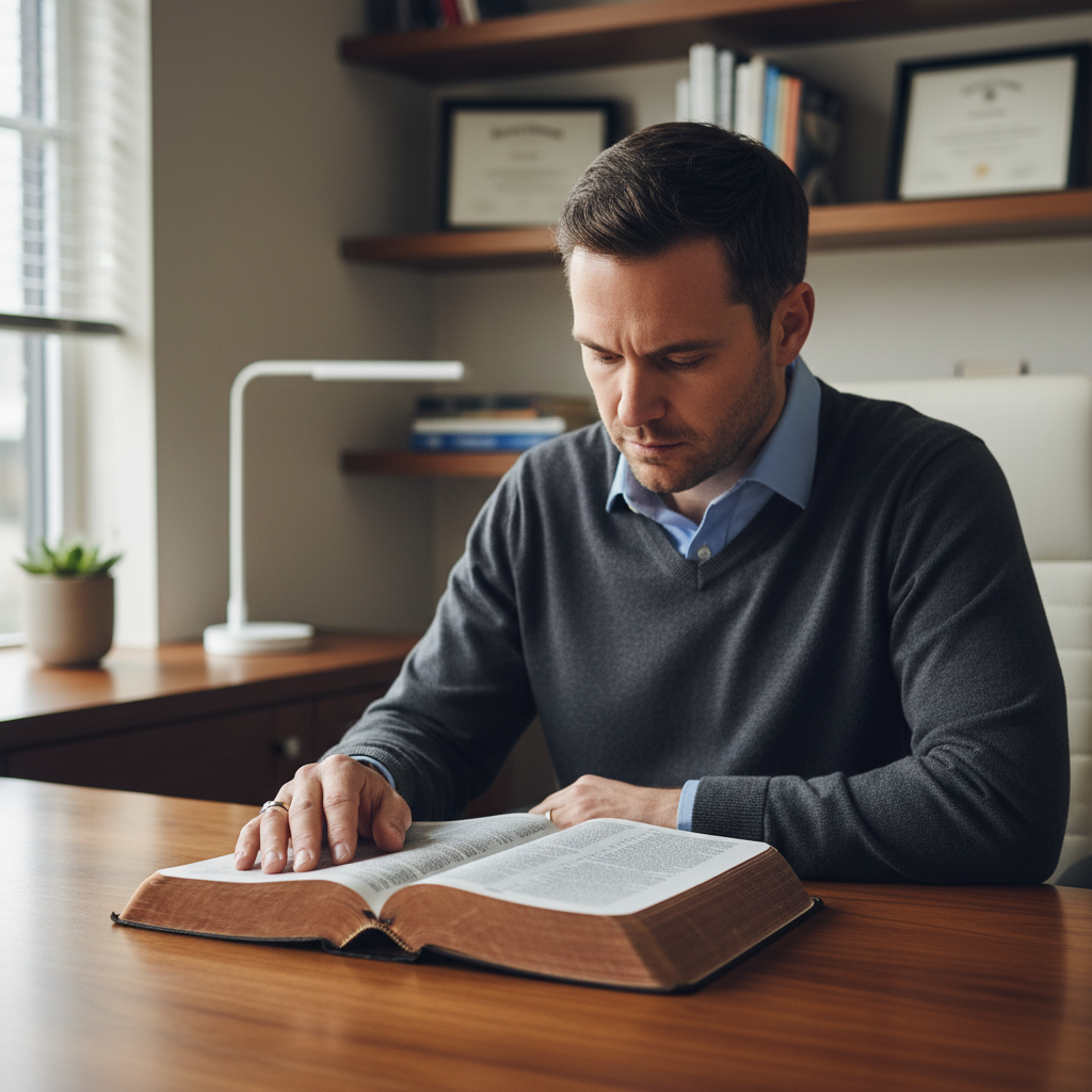 A man intently studying an open Bible on a desk, deeply engrossed in understanding scripture.