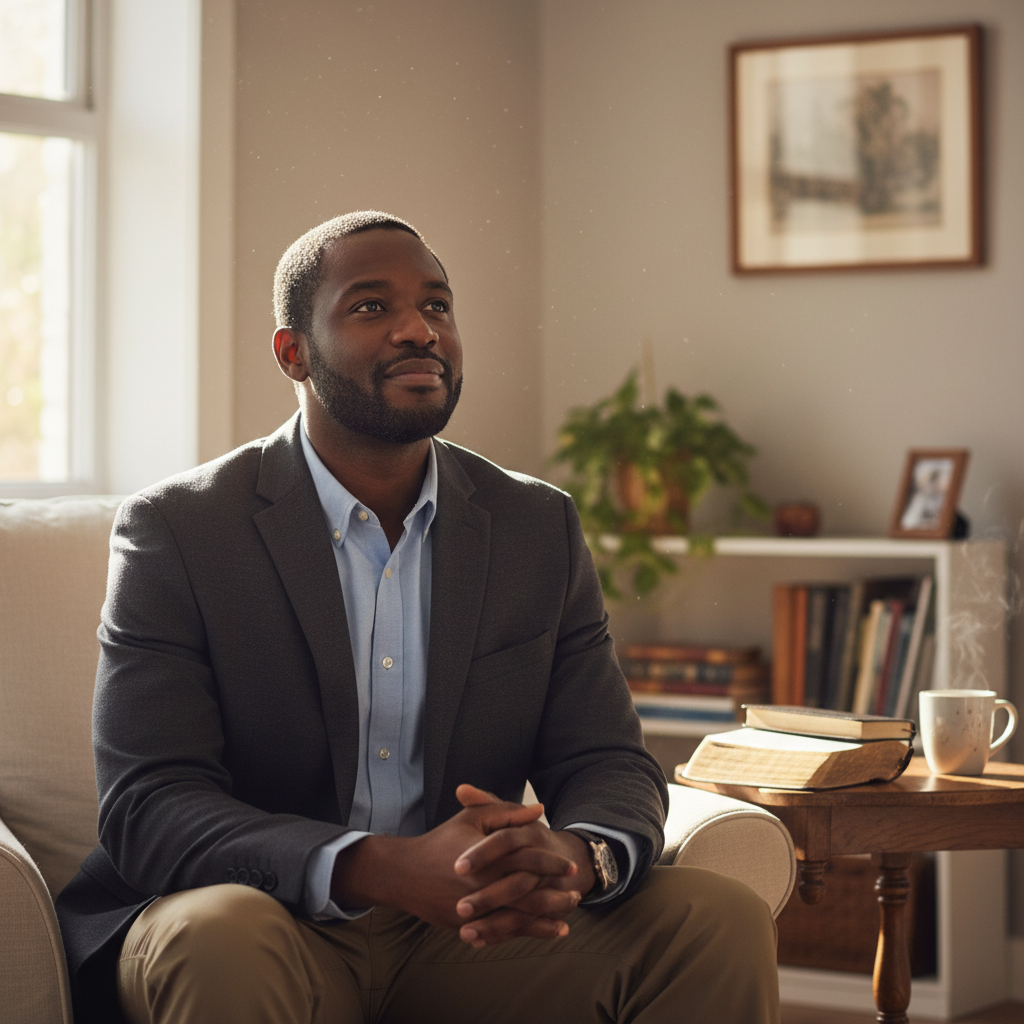 A man reflects thoughtfully in a comfortable room, with an open Bible nearby.