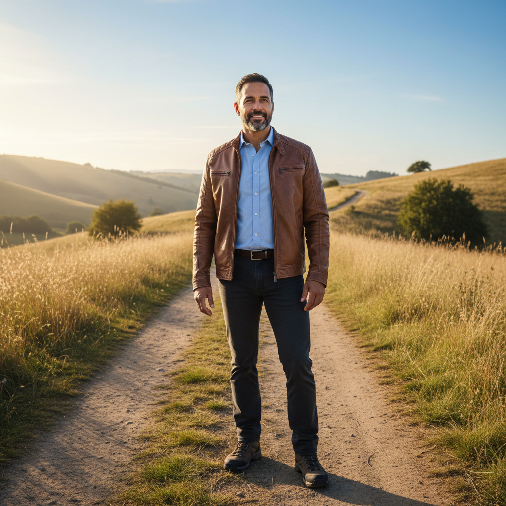 A man stands confidently on a path, looking forward with purpose and peace, symbolizing empowered faith.