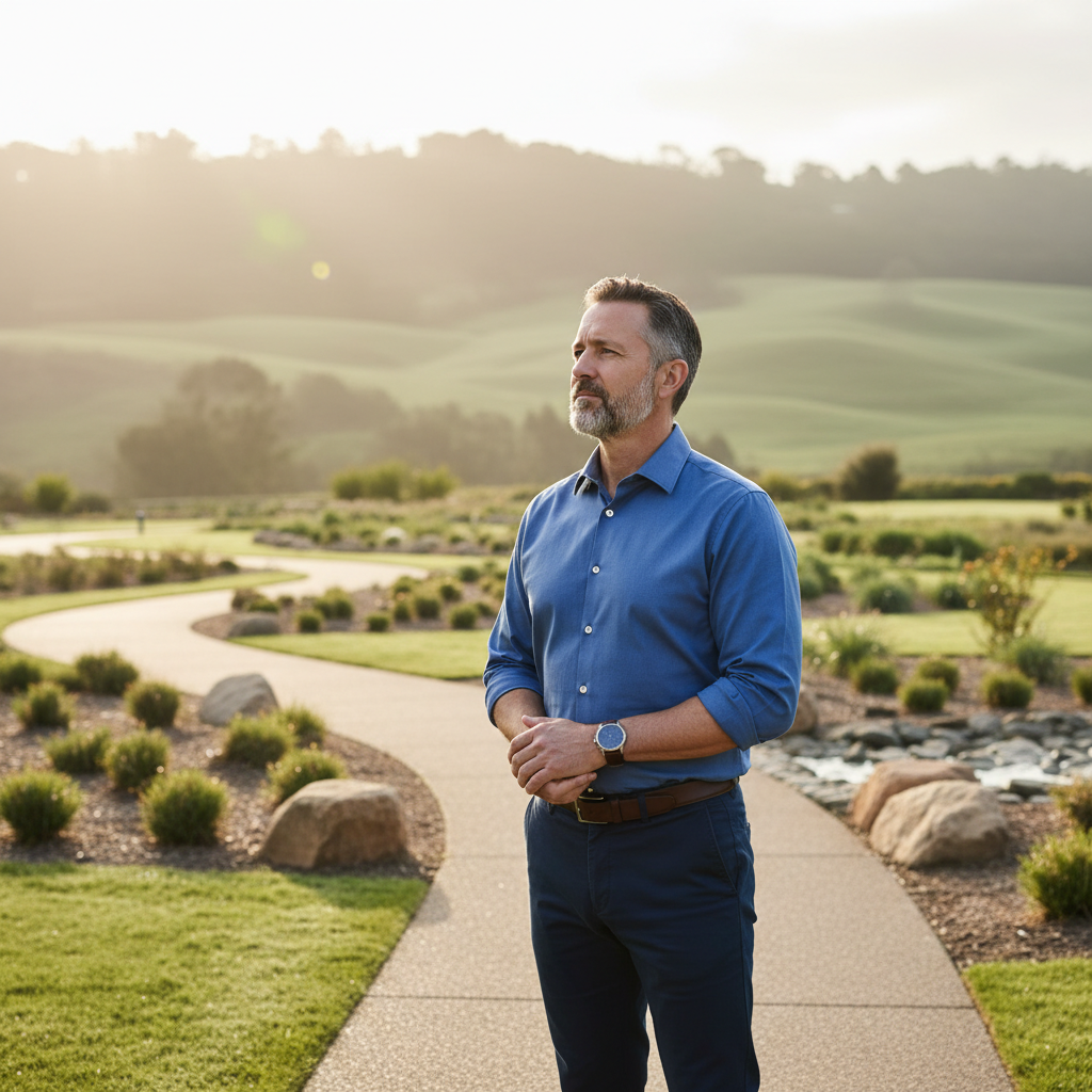 A man stands in a peaceful park, gazing thoughtfully into the distance.