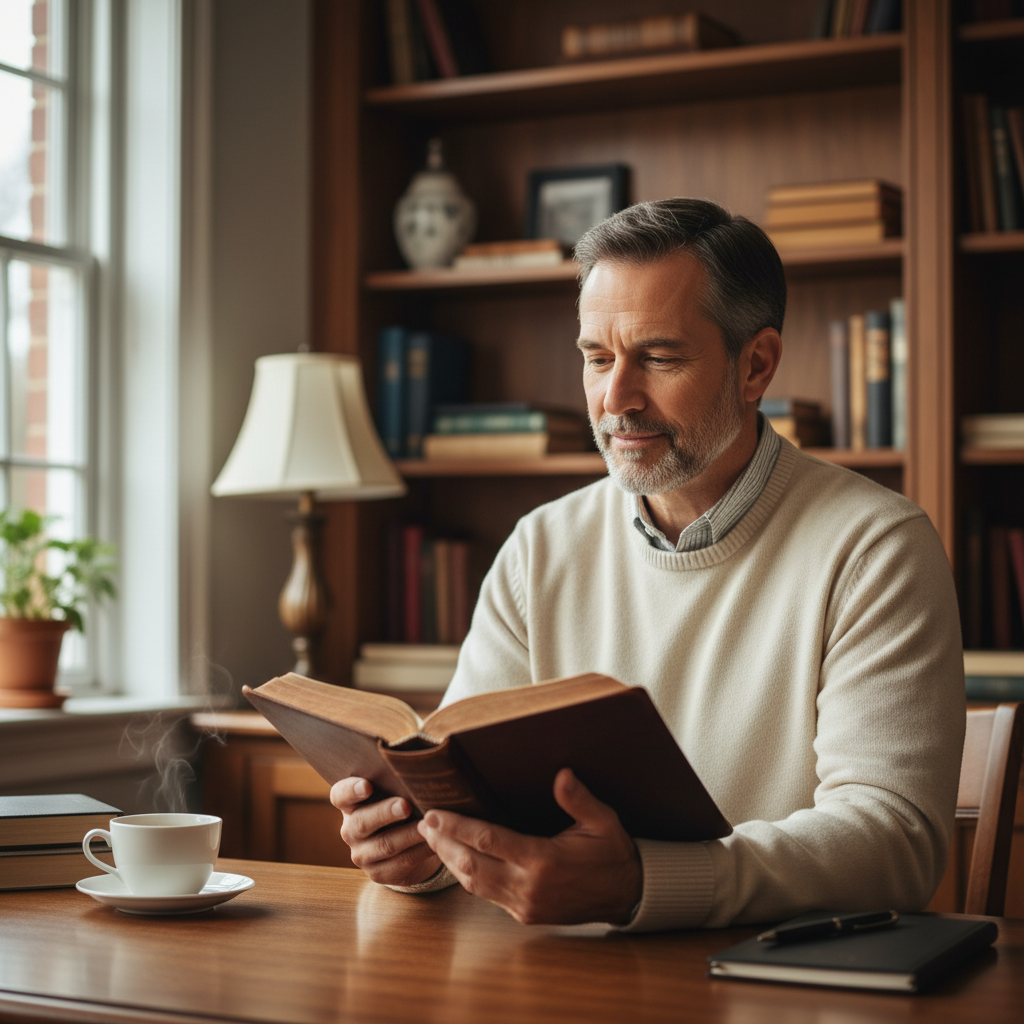 A man thoughtfully reading an open Bible in a serene home library, deep in spiritual contemplation.