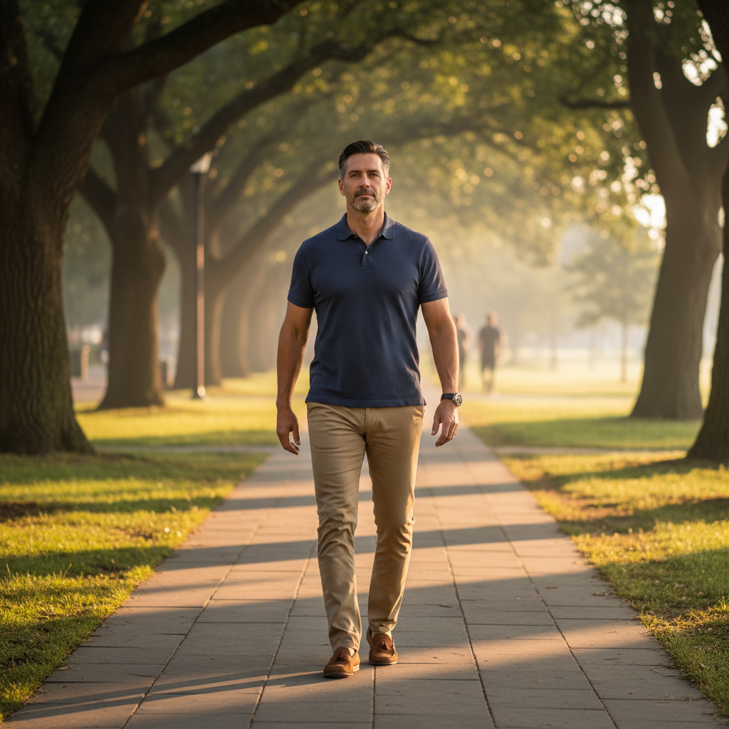 A man walking purposefully on a park path at sunrise, reflecting determination and inner strength in his daily life.