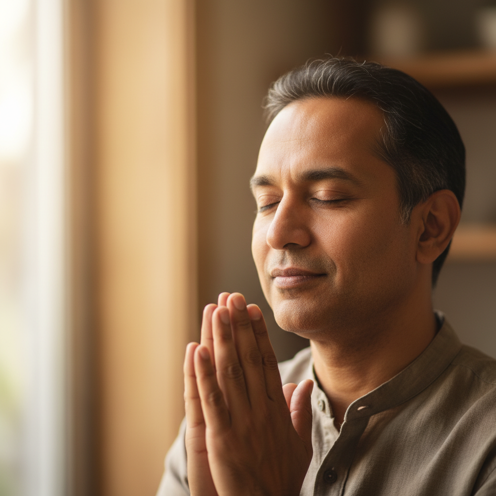 A man with eyes closed and hands clasped, in a moment of sincere prayer and reflection, conveying peace and devotion.