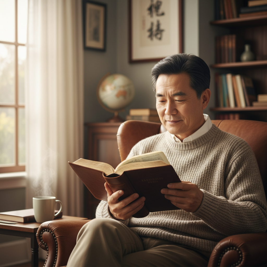 A mature individual thoughtfully reading an open Bible in a peaceful study.