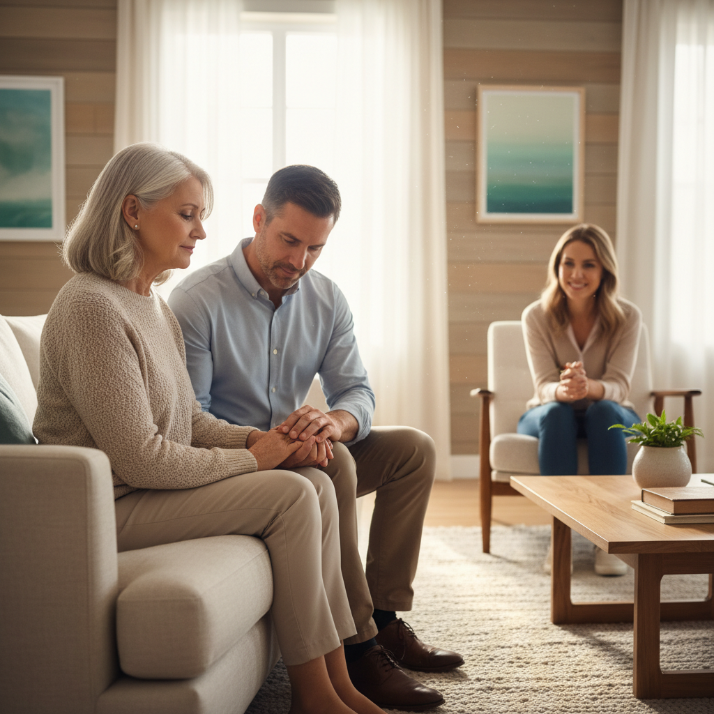 A modern Christian family shows mutual care and support in a comfortable home setting.