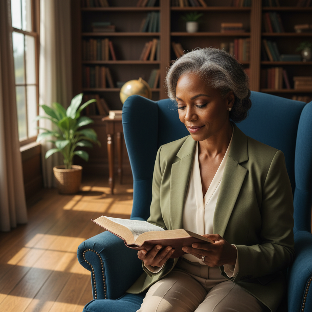 A neatly dressed person thoughtfully reads an open Bible in a quiet, sunlit room, reflecting on scripture.