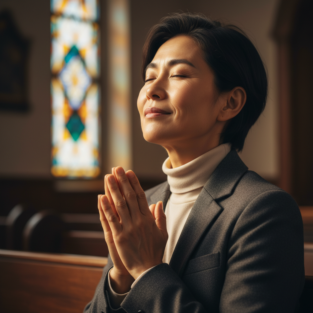 A neatly dressed person with hands clasped in prayer, deeply engrossed in spiritual reflection.