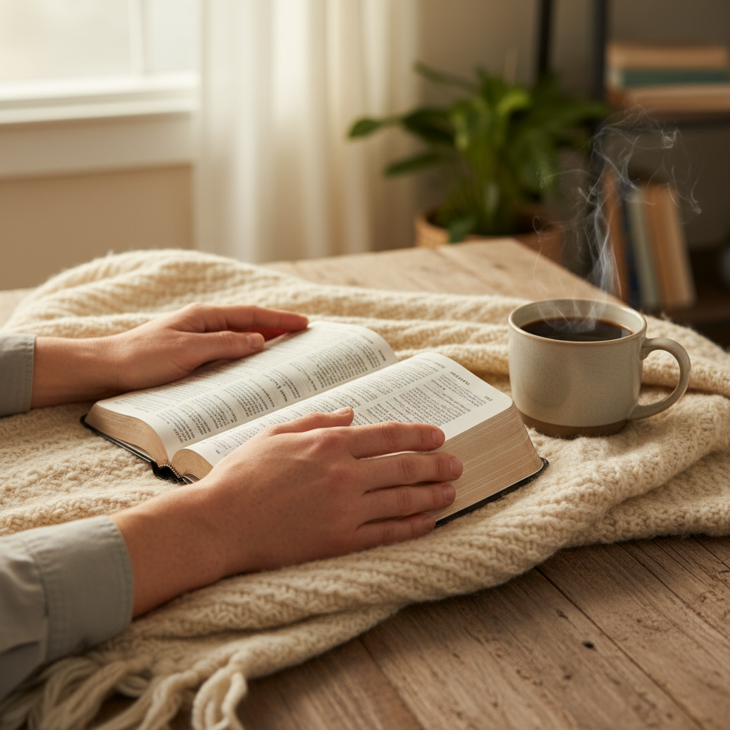 A pair of hands gently holding an open Bible, with a warm cup next to it, bathed in soft light, symbolizing quiet morning devotion.