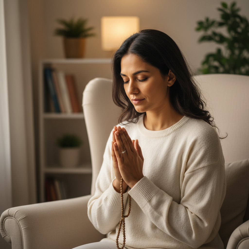 A person around age 33 is deep in prayer or reflection.