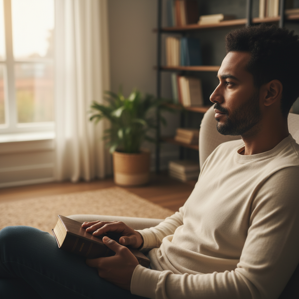 A person in their early 30s holds a Bible, looking reflective in a sunlit room.