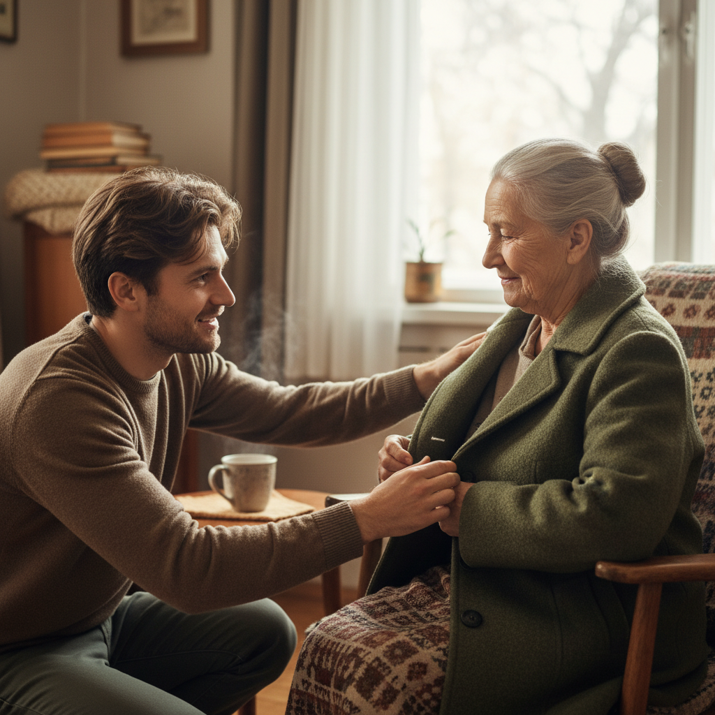 A person kindly assisting an elderly individual, embodying humble service and compassion.