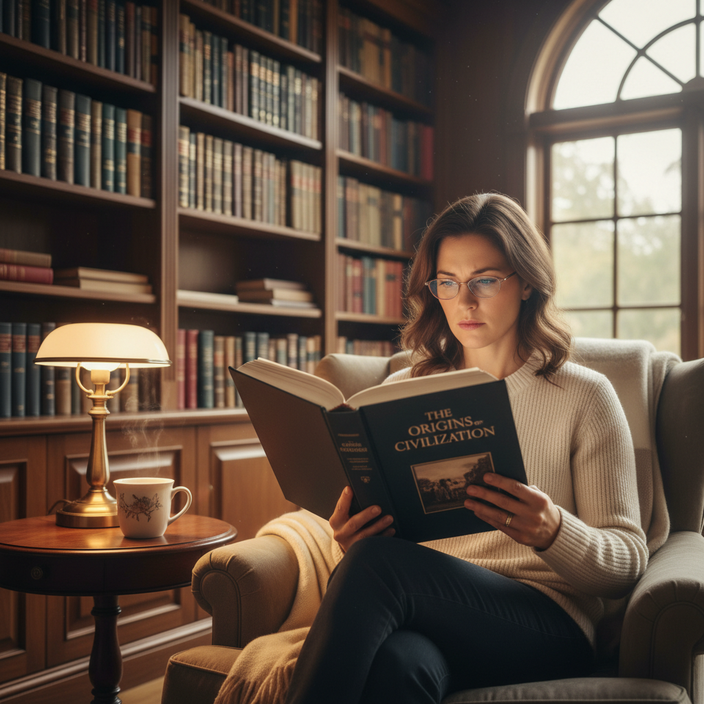 A person reading a non-fiction book intently in a well-appointed study.
