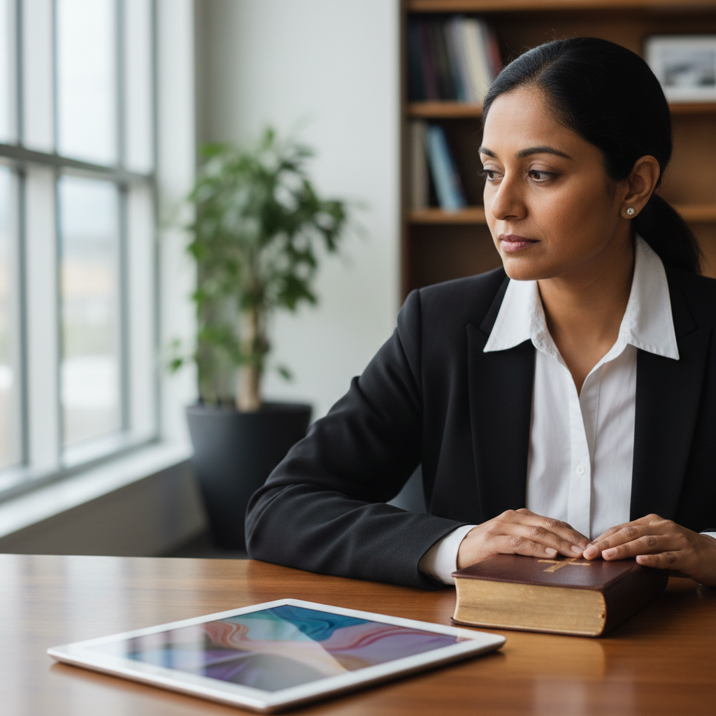 A person thoughtfully considering a Bible, with a blurred digital screen in the background.