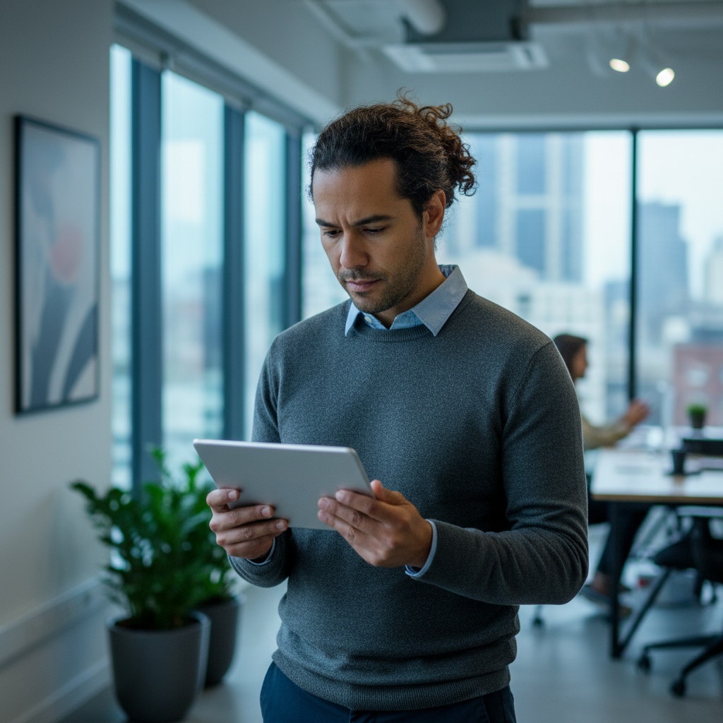 A person thoughtfully looking at a smartphone screen.