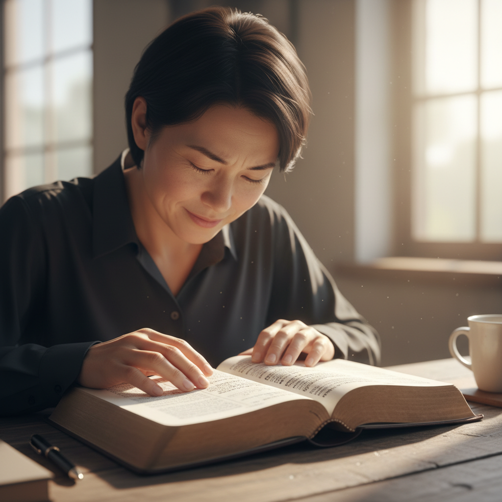 A person thoughtfully reading an open Bible, illuminated by soft light.