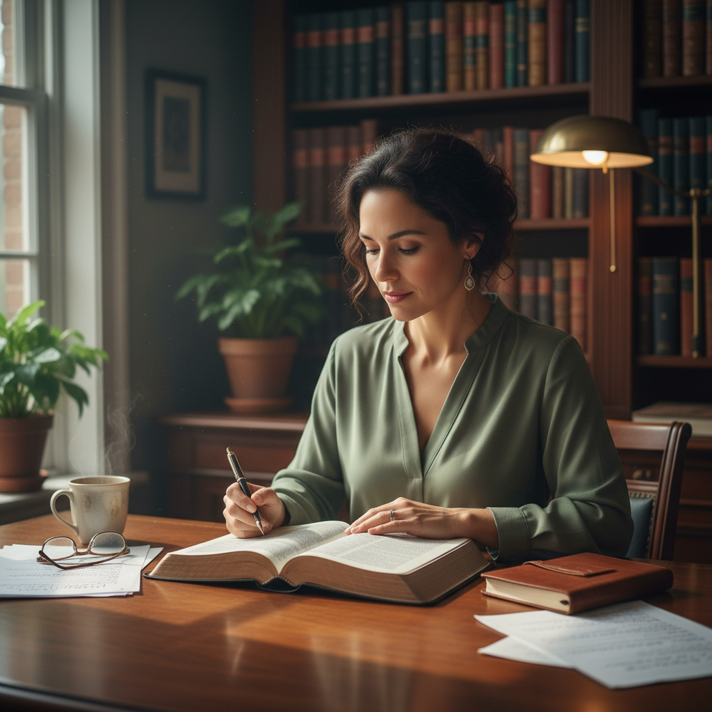 A person thoughtfully studying an open Bible on a wooden desk.