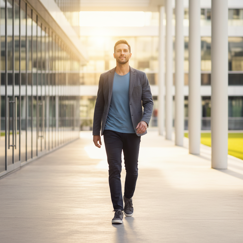 A person walking forward with a hopeful expression, symbolizing positive change.