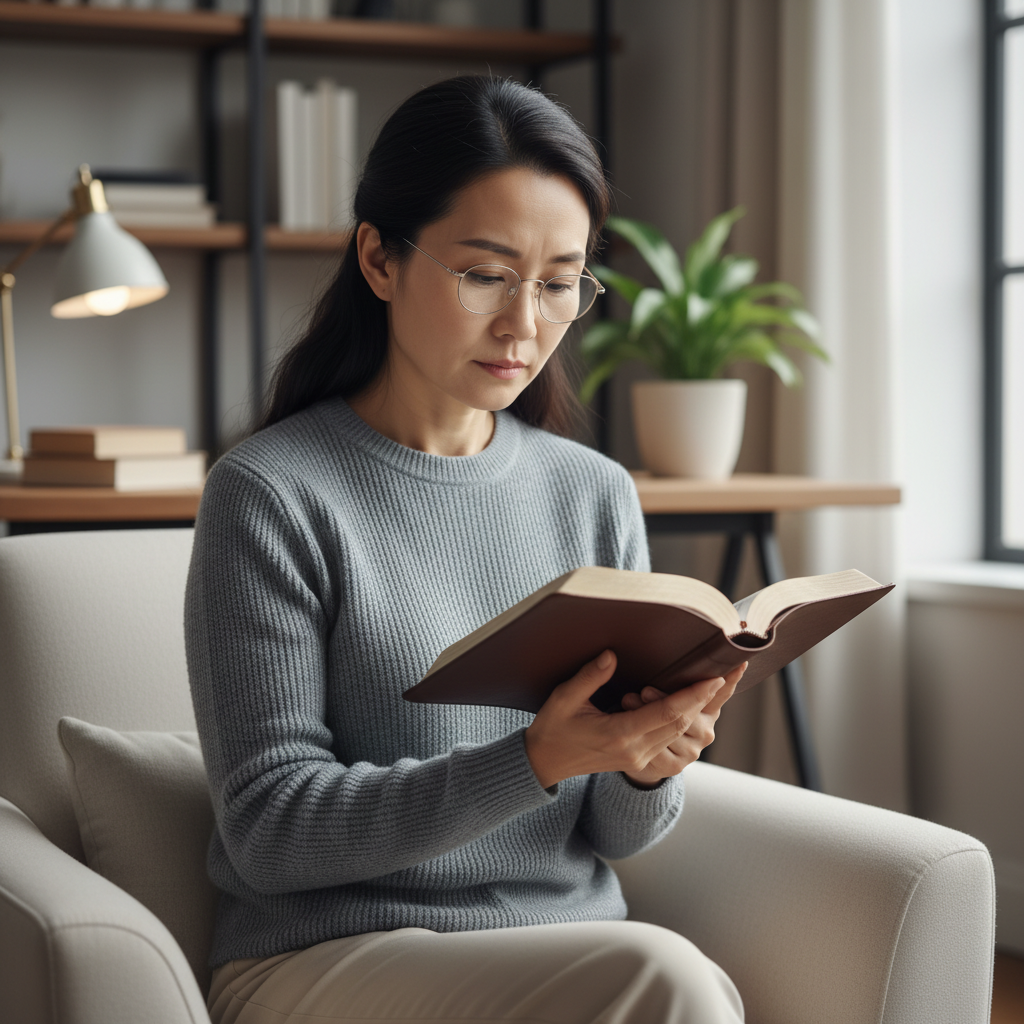 A person with a contemplative expression, reading an open Bible in a warmly lit room.