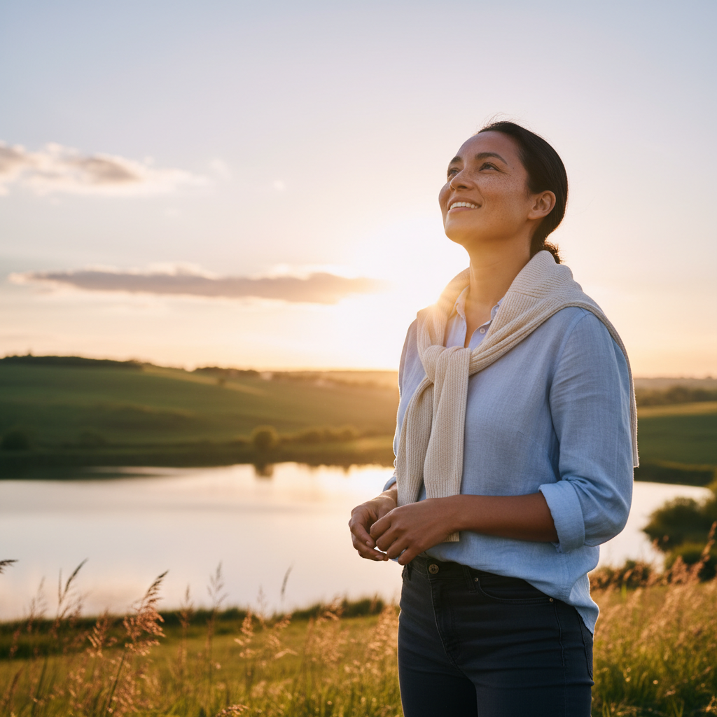A person with a hopeful and serene expression, looking towards a soft, warm light in a natural, peaceful setting.