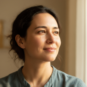 A person with a serene and hopeful expression, illuminated by soft light, symbolizing inner peace and spiritual contemplation.