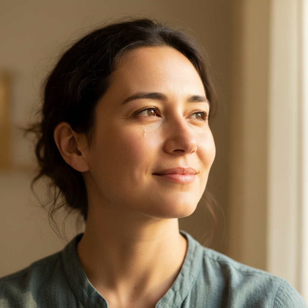 A person with a serene and hopeful expression, illuminated by soft light, symbolizing inner peace and spiritual contemplation.