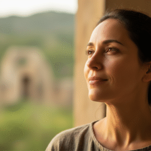 A person with a serene and hopeful expression, reflecting on grace, forgiveness, and a transformed life.