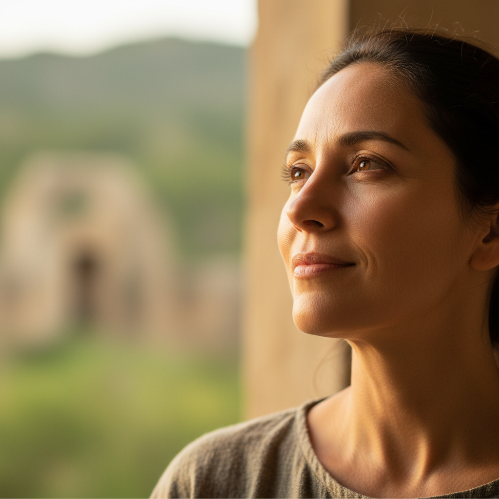 A person with a serene and hopeful expression, reflecting on grace, forgiveness, and a transformed life.