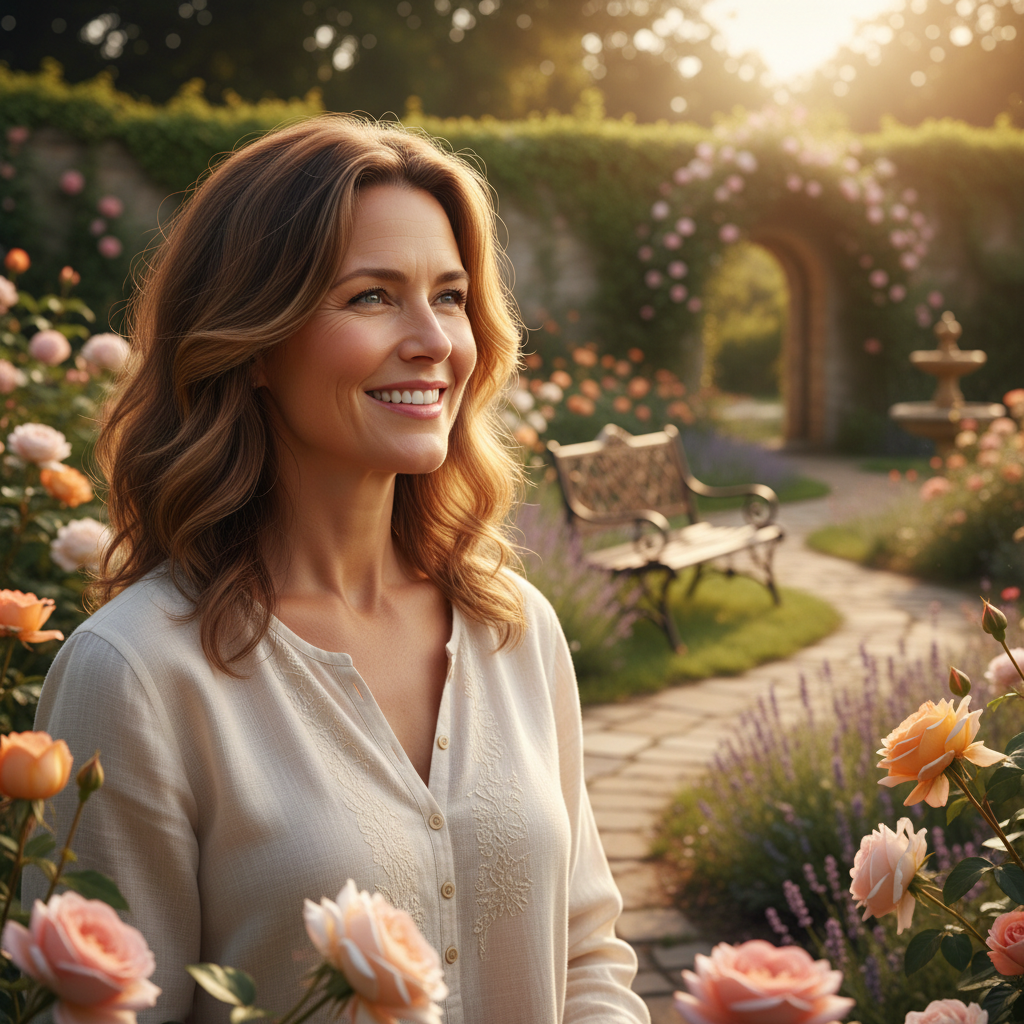 A person with a serene and joyful expression in a sunlit garden, symbolizing true blessing and inner peace.
