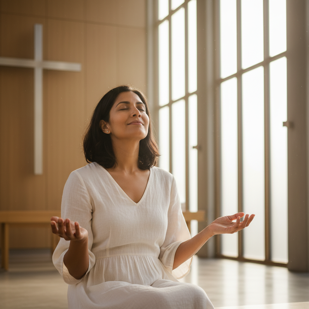 A person with a serene expression, conveying peace and assurance, in a softly lit, peaceful environment.