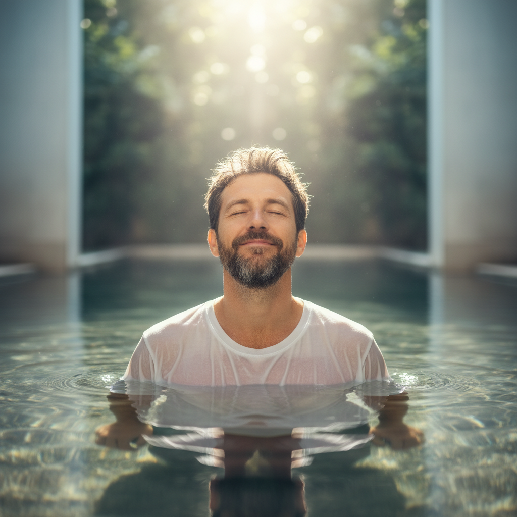 A person with a serene expression emerging from clear water, symbolizing baptism and spiritual new life.