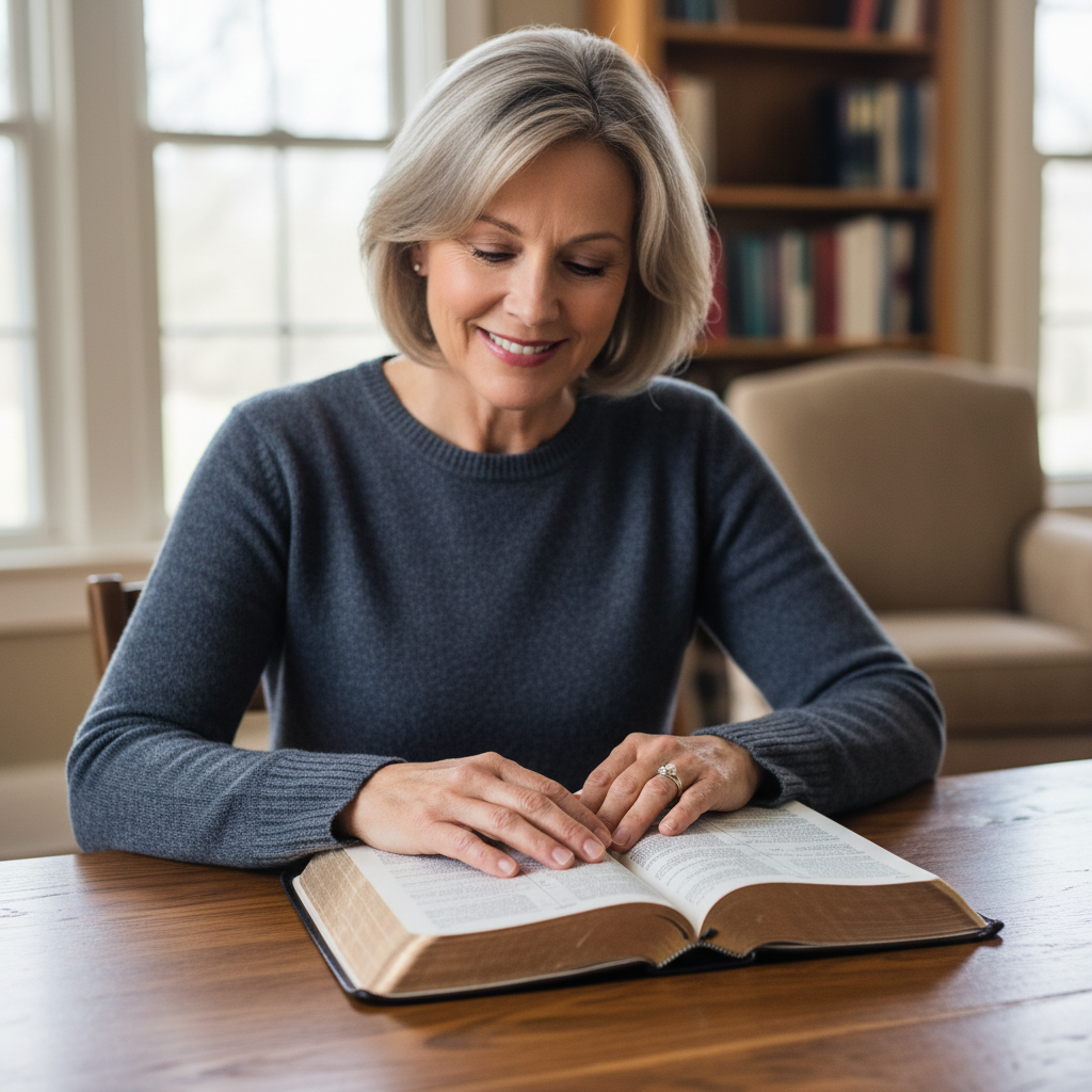 A person with a serene expression studying an open Bible.