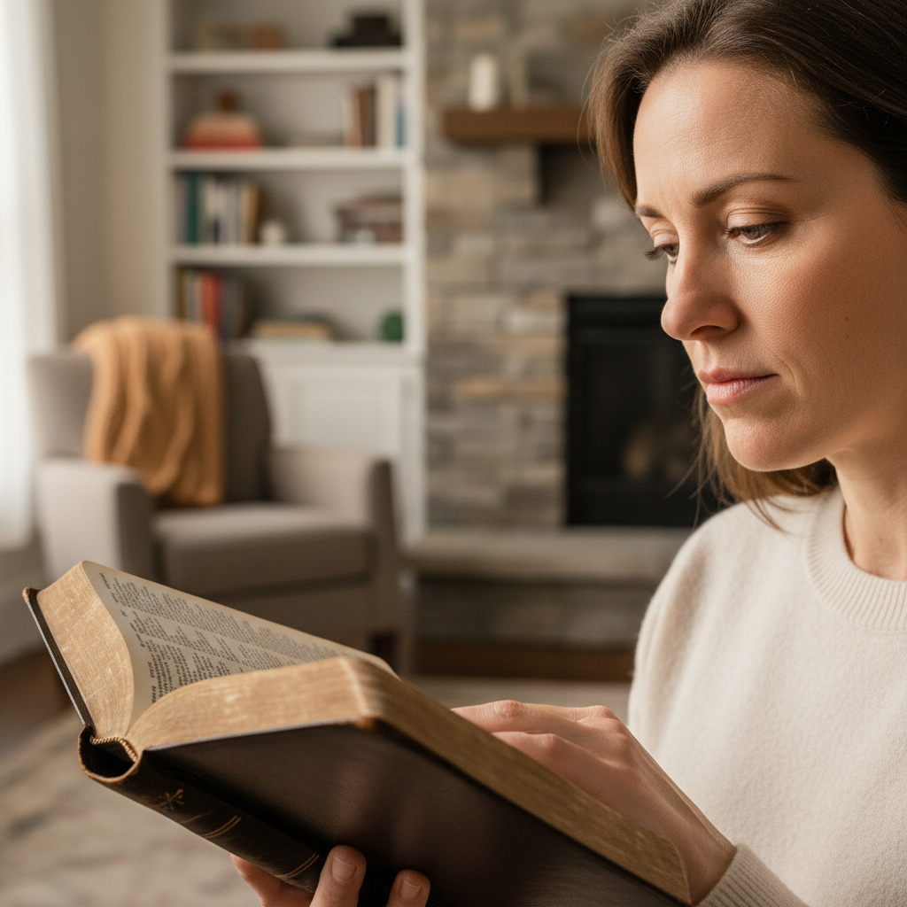 A person with a thoughtful expression reading an open Bible in soft light.