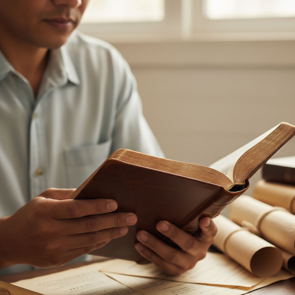 A person with a thoughtful expression reading an open Bible, with blurred ancient scrolls in the background.