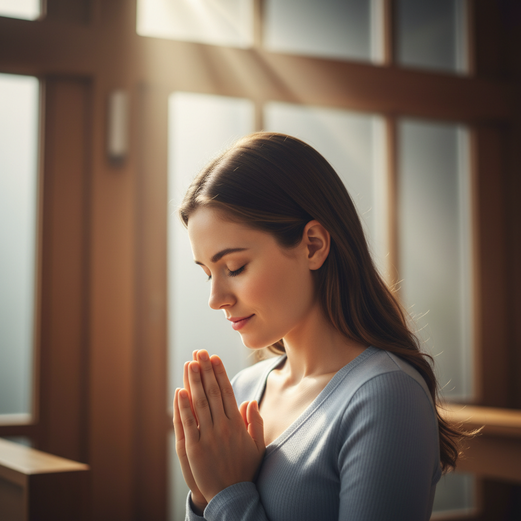 A photorealistic image of a woman in deep prayer or worship, eyes closed and bathed in soft, warm light, conveying spiritual connection and reverence.
