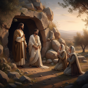 A photorealistic image showing Jesus Christ raising Lazarus from a rock-hewn tomb in Bethany, with Mary and Martha kneeling in awe.