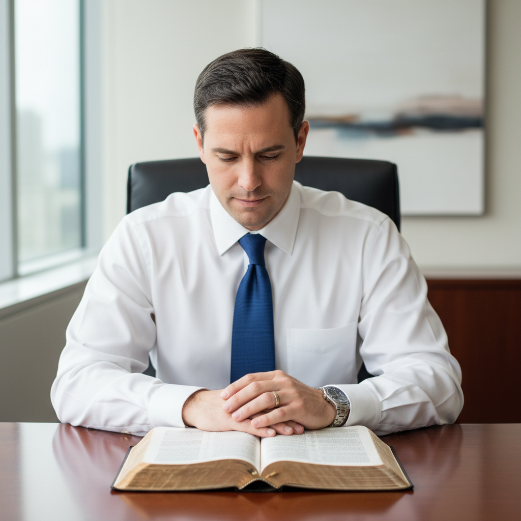 A professional man in an office setting, intently reading an open Bible on his desk.