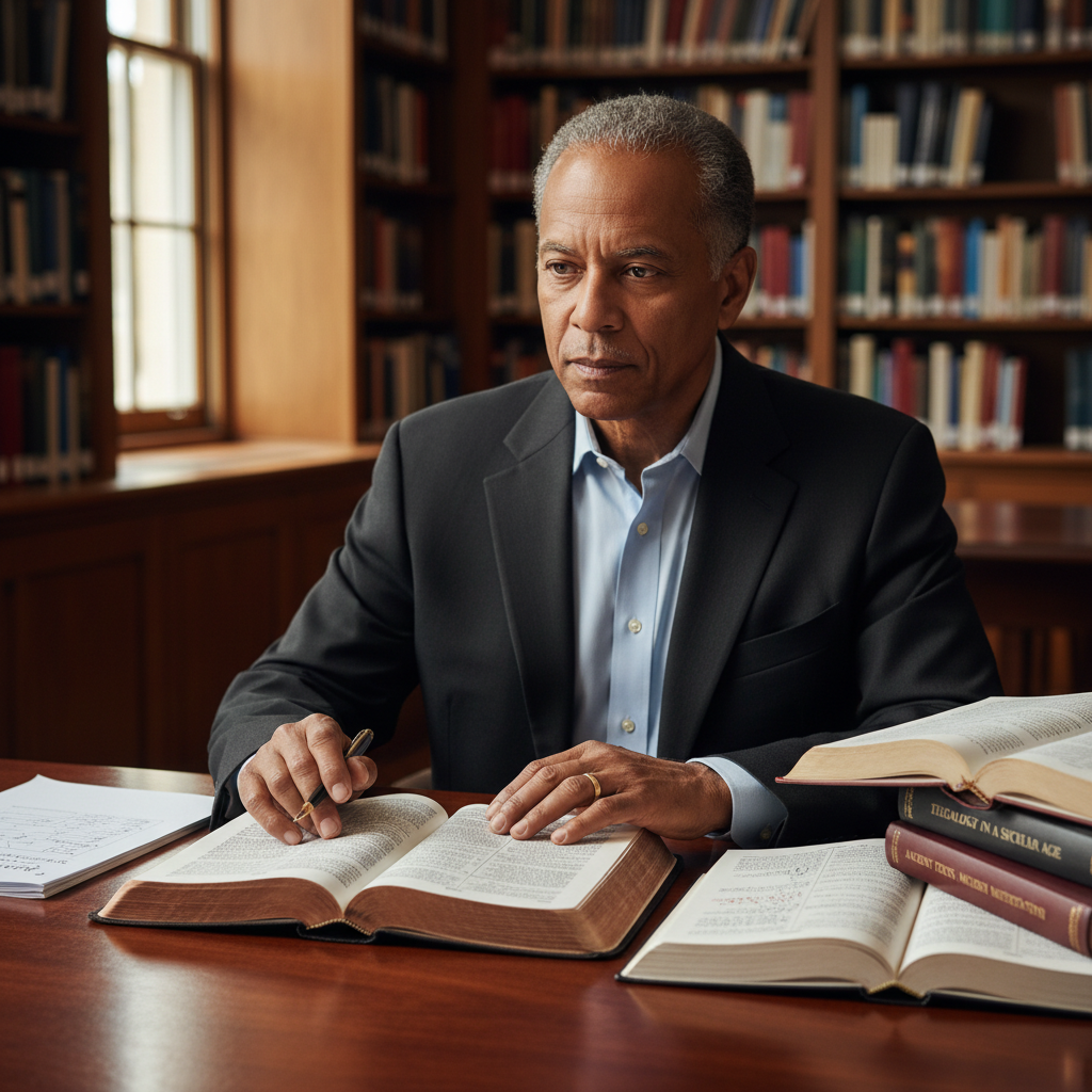 A professional photo of a scholar intently studying an open Bible and academic books on a desk, symbolizing theological discernment and critical reflection.