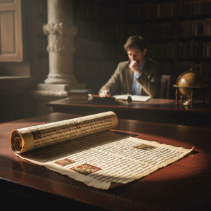 A professional photo of an open ancient text on a desk, with a thoughtful scholar in the background, symbolizing historical research into accounts of Jesus.