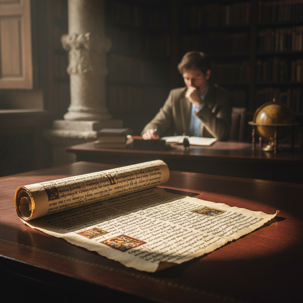 A professional photo of an open ancient text on a desk, with a thoughtful scholar in the background, symbolizing historical research into accounts of Jesus.