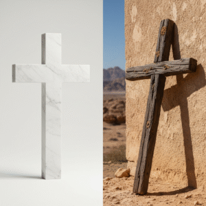 A professional photograph showing a stark contrast between a modern, polished cross on the left and a rugged, ancient wooden cross on the right, symbolizing the difference between cultural and biblical interpretations of Jesus.