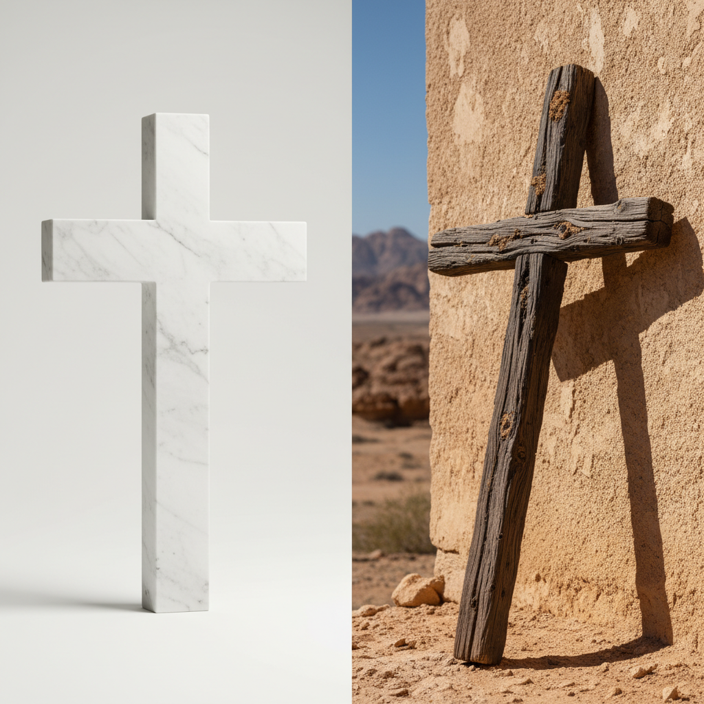 A professional photograph showing a stark contrast between a modern, polished cross on the left and a rugged, ancient wooden cross on the right, symbolizing the difference between cultural and biblical interpretations of Jesus.
