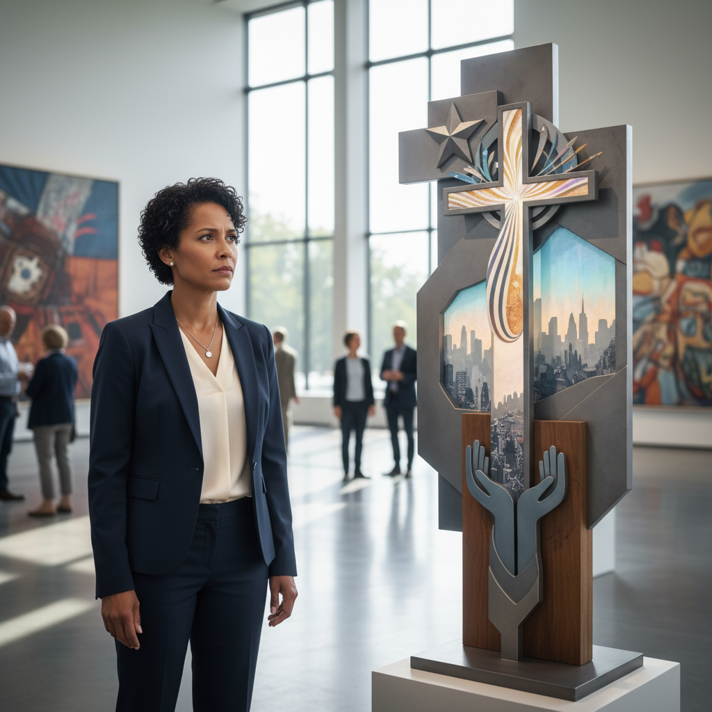 A professional woman contemplating a modern art piece that blends American cultural symbols with spiritual iconography.