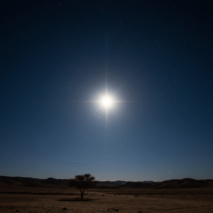 A radiant, exceptionally bright star shining prominently in a clear, dark night sky over a subtle, silhouetted Middle Eastern landscape, evoking wonder and divine guidance.