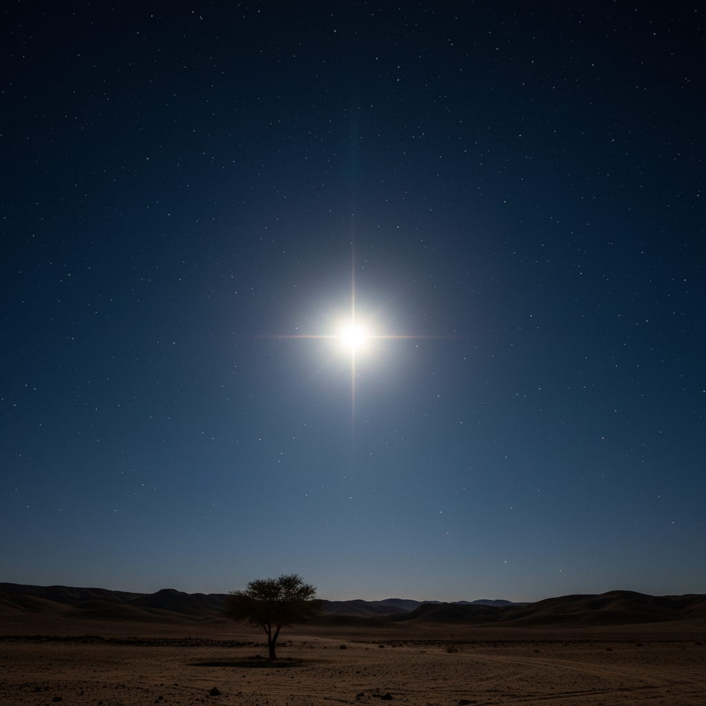 A radiant, exceptionally bright star shining prominently in a clear, dark night sky over a subtle, silhouetted Middle Eastern landscape, evoking wonder and divine guidance.