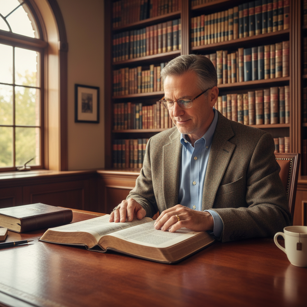 A reverent, scholarly man deeply engrossed in studying an ancient Bible at a polished desk in a refined, well-lit study.