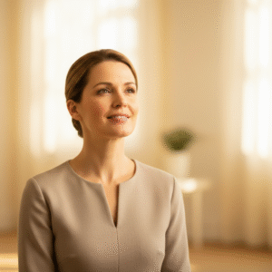 A serene adult with a gentle, confident expression, illuminated by soft, warm light, conveying peace and assurance.