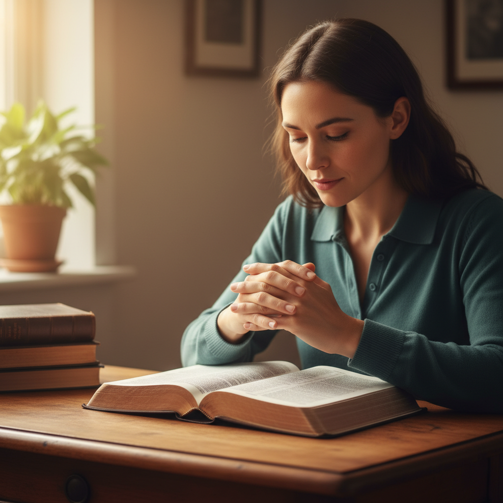 A serene individual contemplating an open Bible, illuminated by soft light, symbolizing spiritual understanding and peace.