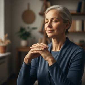 A serene individual in quiet contemplation, symbolizing spiritual nourishment and purposeful resolve.